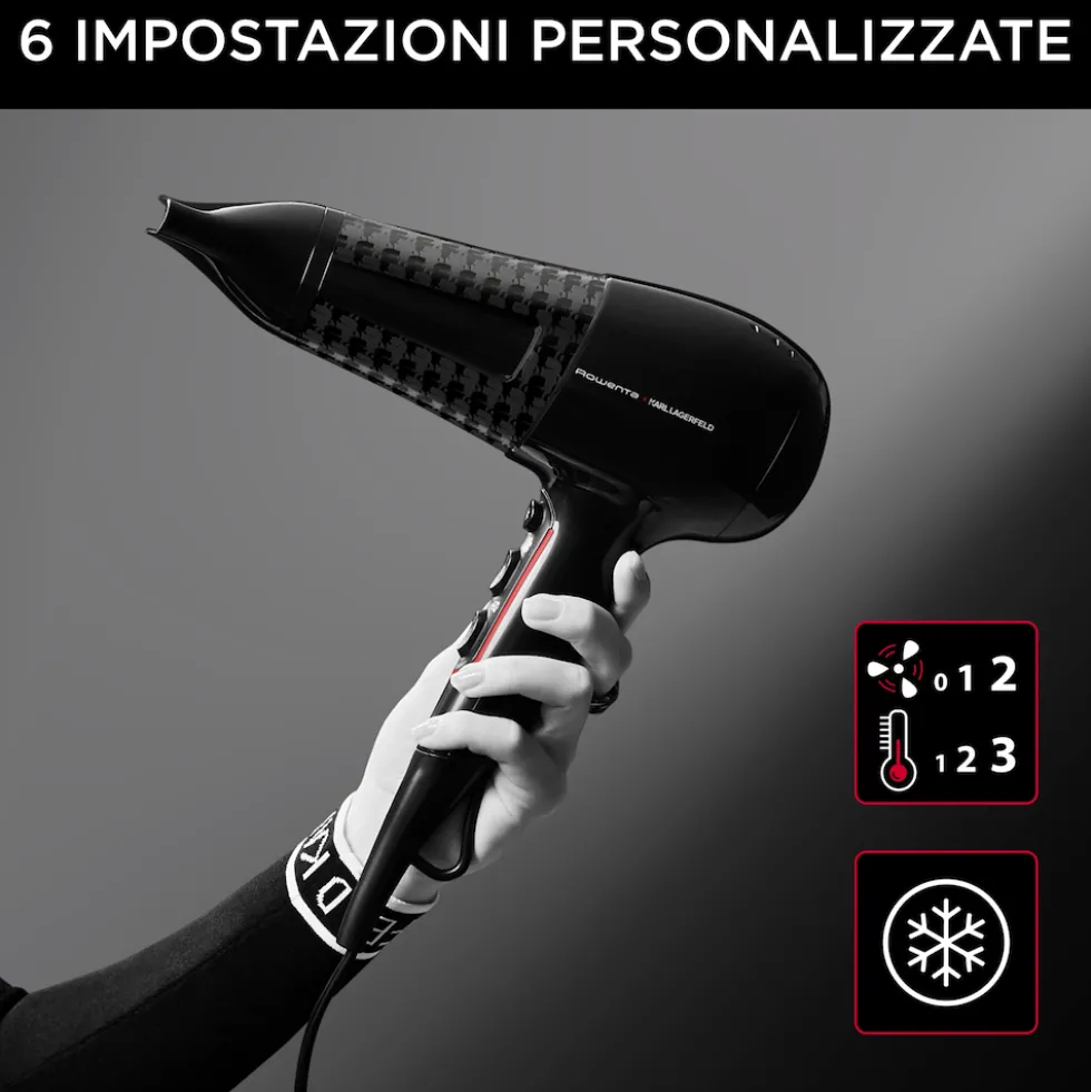 Asciugacapelli Rowenta Powerline x KARL LAGERFELD CV591L con tecnologia ionica