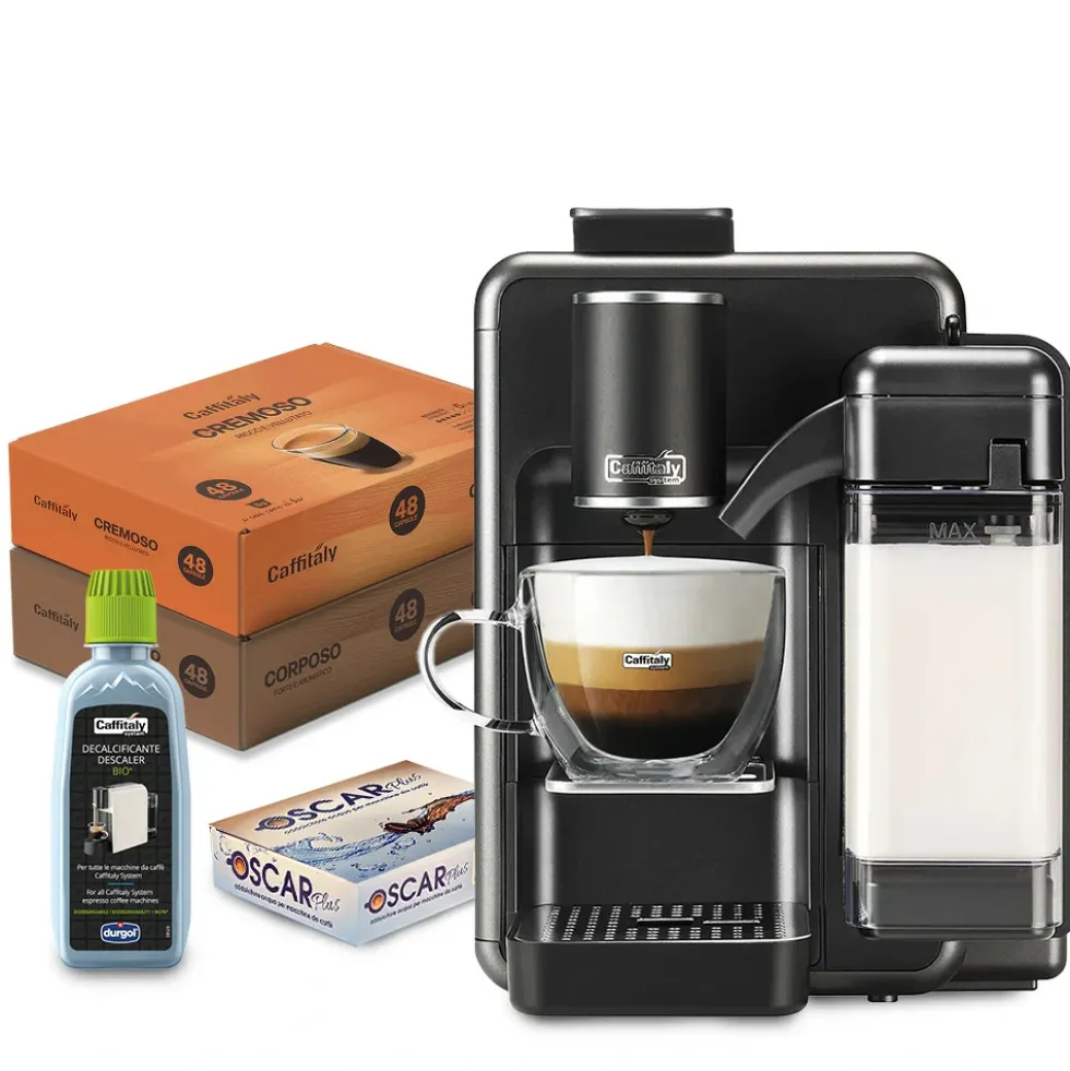 Caffitaly Quadra Macchina da caffè con montalatte con 96 capsule e kit pulizia - Titanium