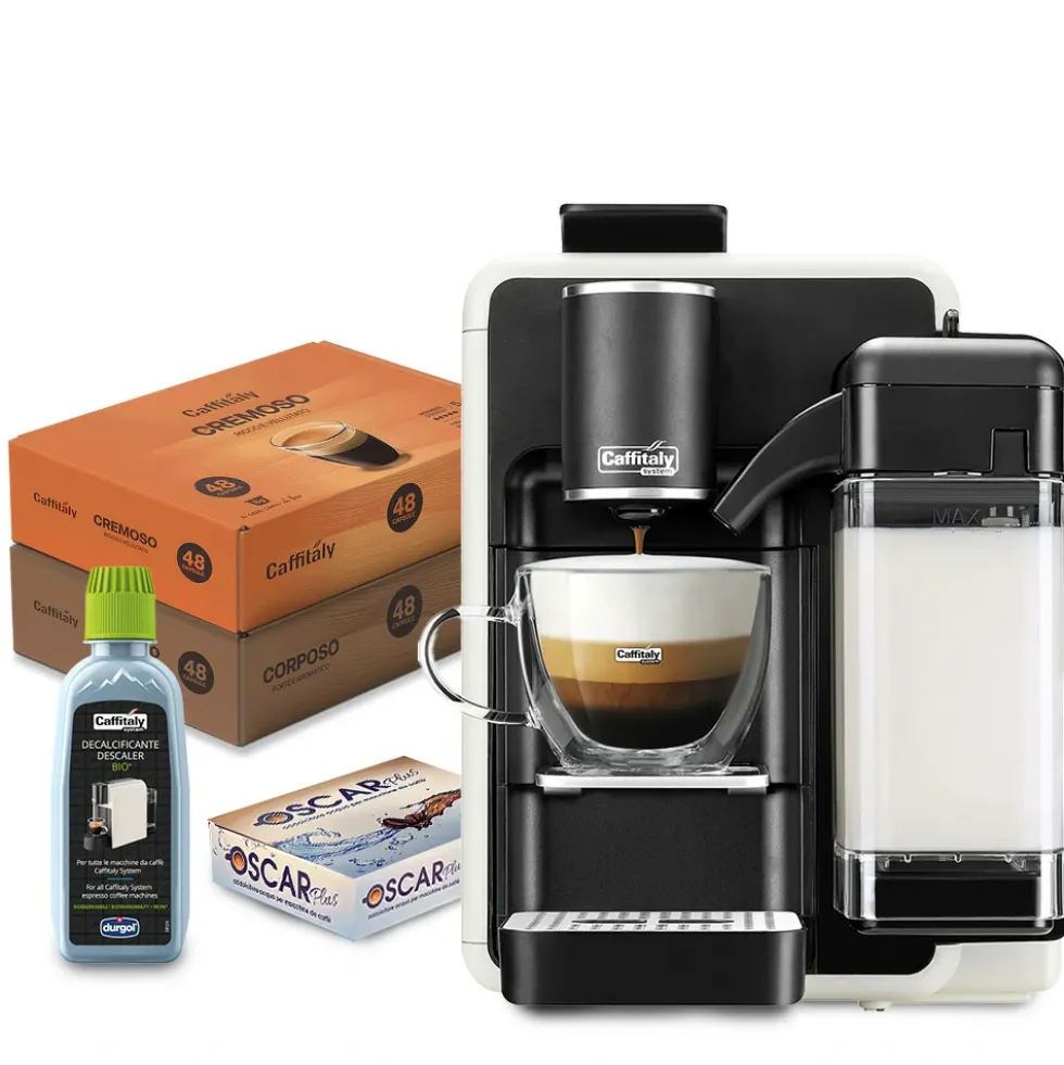 Caffitaly Quadra Macchina da caffè con montalatte con 96 capsule e kit pulizia - Bianca