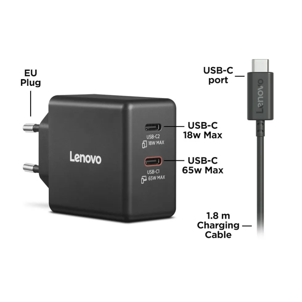 Caricabatterie Dual USB-C 65W GaN Lenovo G0A6065BEU per laptop, cel e tablet