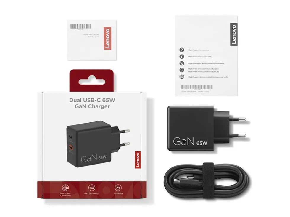 Caricabatterie Dual USB-C 65W GaN Lenovo G0A6065BEU per laptop, cel e tablet