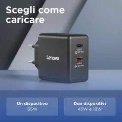 Caricabatterie Dual USB-C 65W GaN Lenovo G0A6065BEU per laptop, cel e tablet