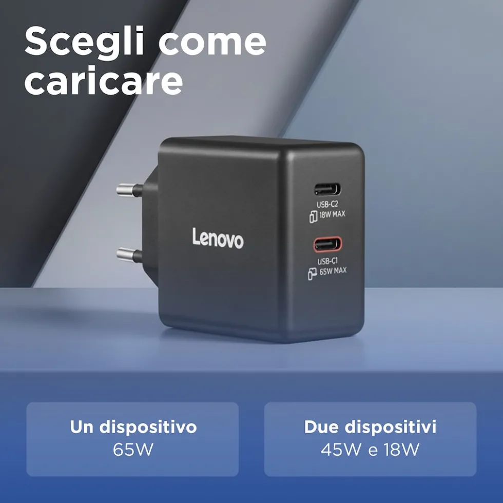 Caricabatterie Dual USB-C 65W GaN Lenovo G0A6065BEU per laptop, cel e tablet