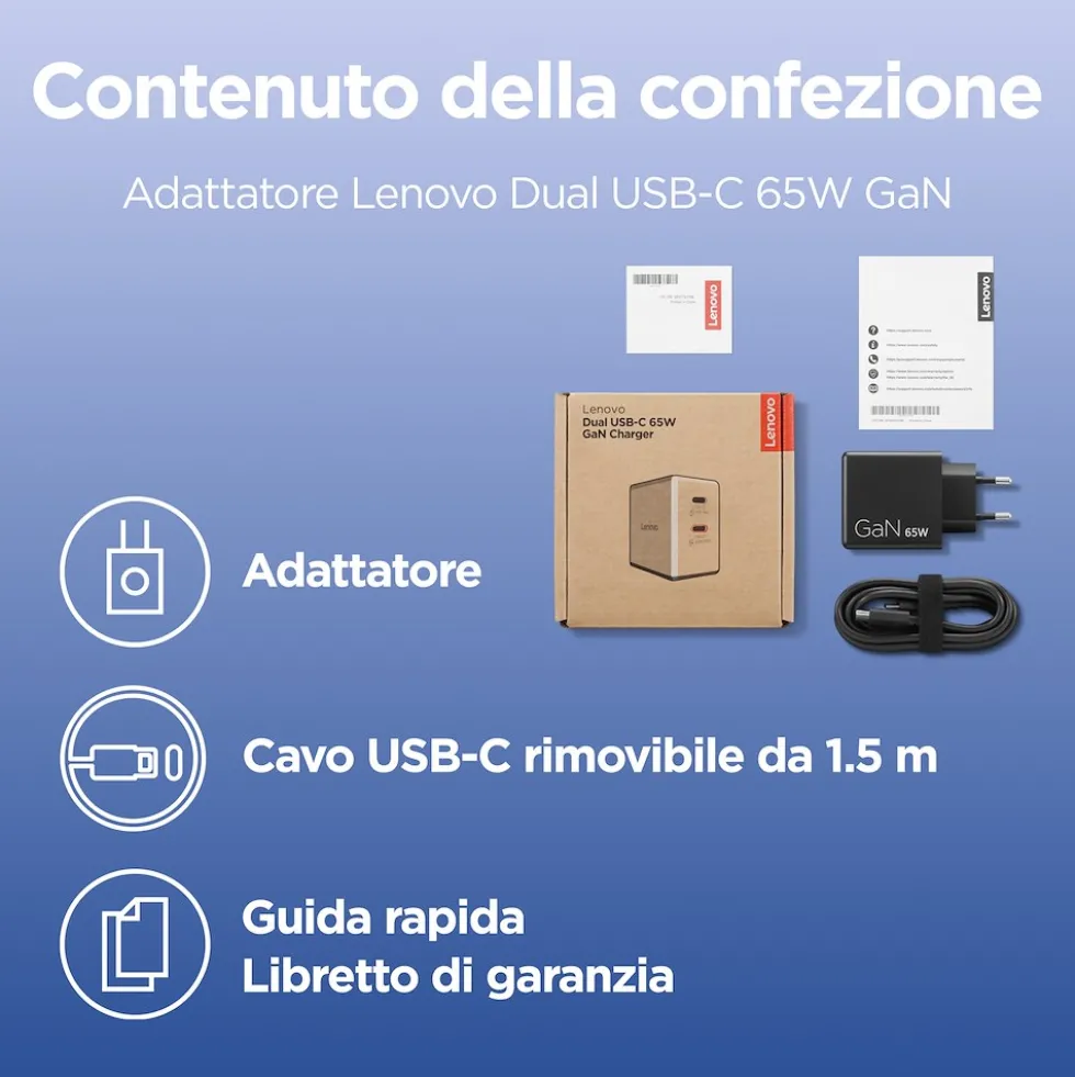 Caricabatterie Dual USB-C 65W GaN Lenovo G0A6065BEU per laptop, cel e tablet