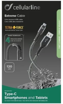 Cavo USB C Cellular Line TETRACABTYC1MK TETRAFORCE Extreme Cable Black