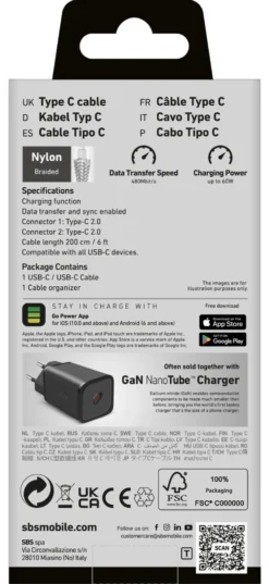 Cavo USB C Sbs TECABLETISSUE2G BRAIDED 60W Grey
