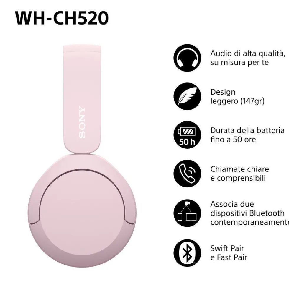 Cuffie Bluetooth Sony WHCH520P.CE7 con audio 360 Reality e Multipoint