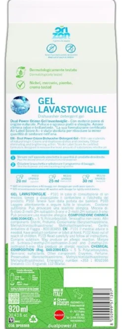 Detersivo lavastoviglie Dual Power DPOR040 ORIZON Gel Te Verde e Aloe