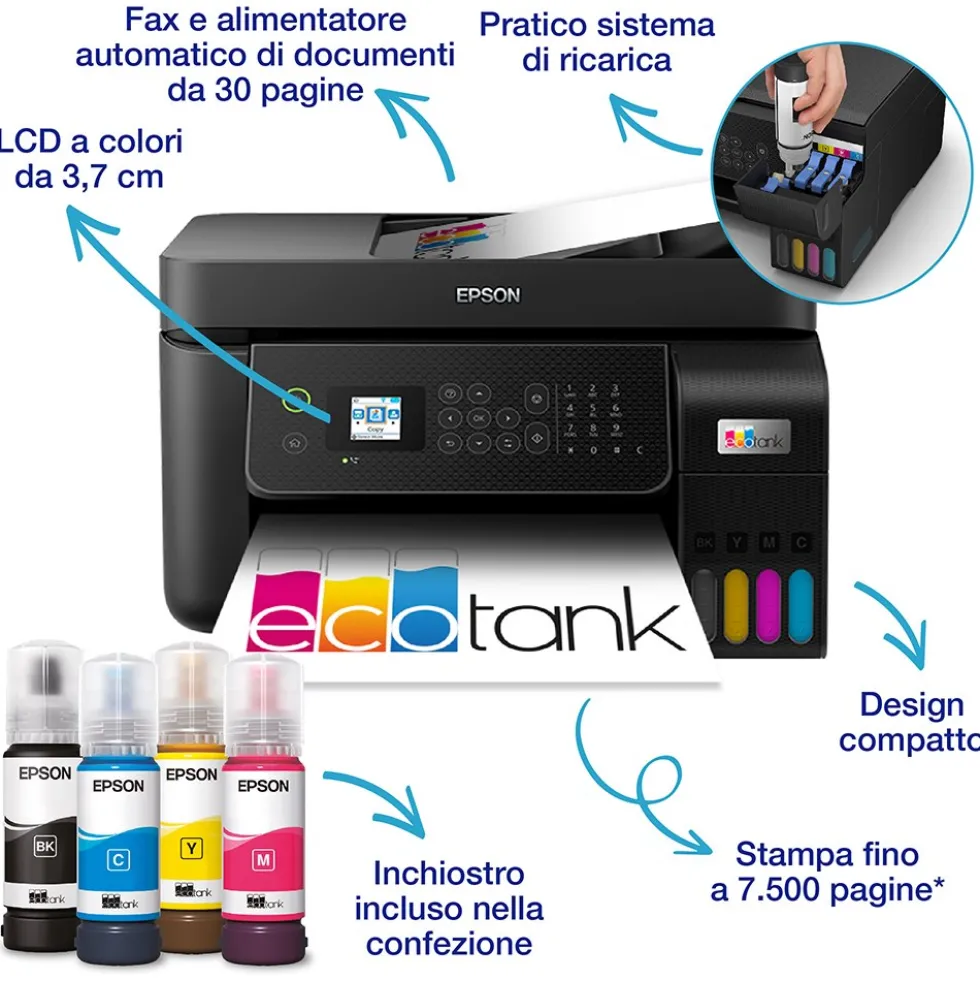 Epson Mfc Inkjet A4 Ecotank Et-4800 B/N 10 Ipm Colori 5 Ipm Fax Wifi