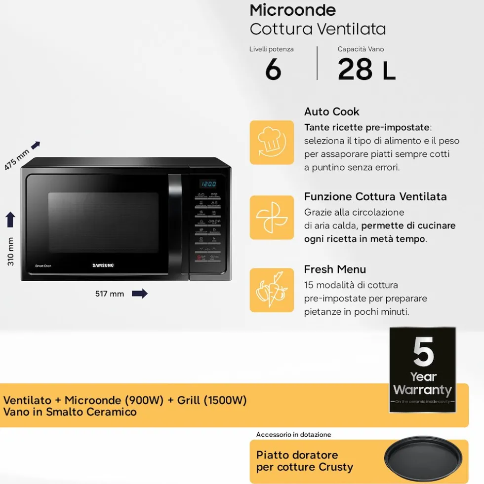 Forno microonde combinato Samsung MC28H5015CK con cottura ventilata