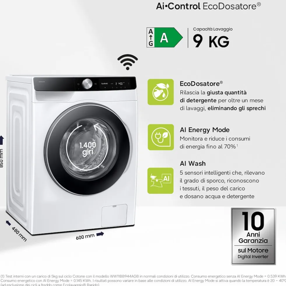 Lavasciuga Samsung WW90DG6G94LKU3 slim 9kg 1400 giri classe A AI Control