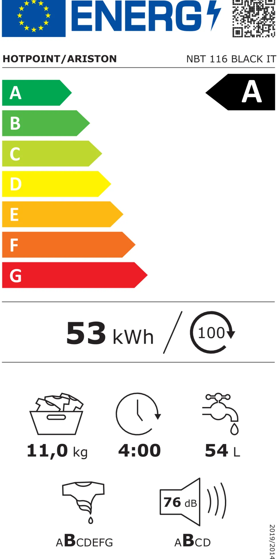 Lavatrice a libera installazione 11 kg NBT 116 BLACK IT