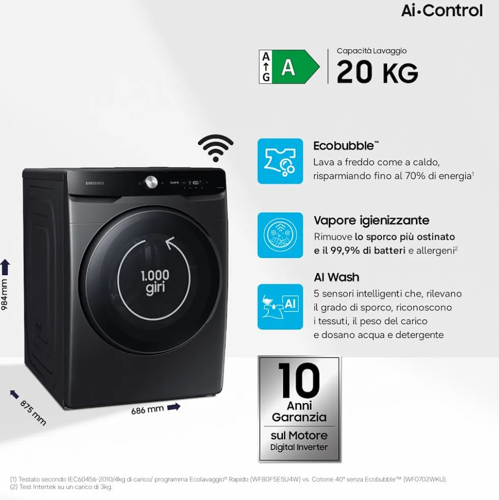 Lavatrice Samsung WF20DG8650BVU3 con AI Control e capacità 20 kg