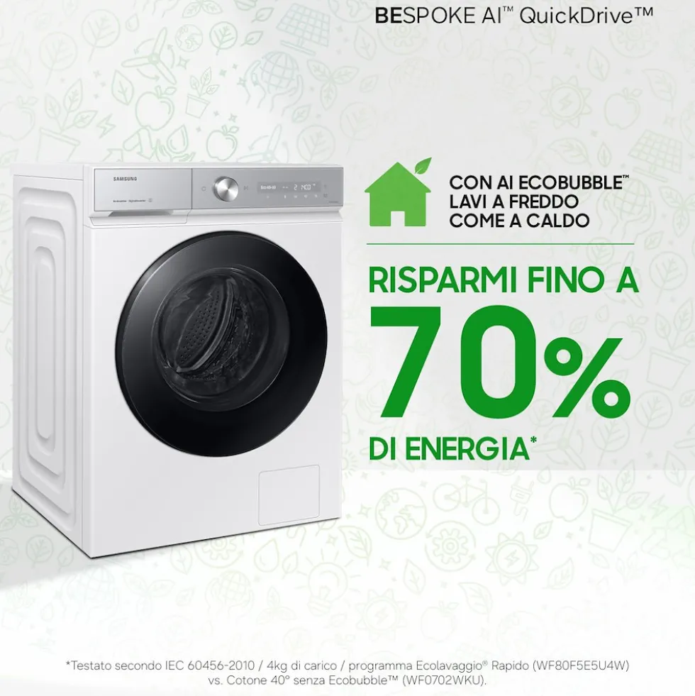 Lavatrice Samsung WW90DB8U95GHU3 con IA e classe A