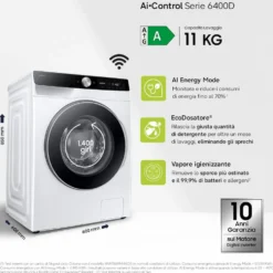 Lavatrice Samsung WW11DG6B85LK a carica frontale 11kg, 1400 giri, classe A