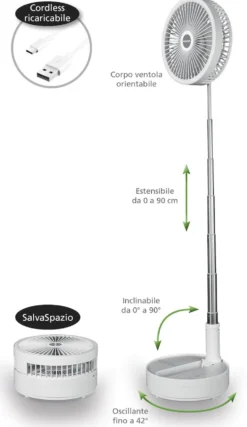 Macom Ventilatore Tavolo 20Cm H90Max. Telescopico Oscillante Usb Salvaspazi