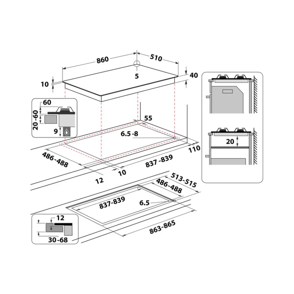 Piano cottura a gas Whirlpool GOA9523/WH 5 fuochi in cristallo bianco