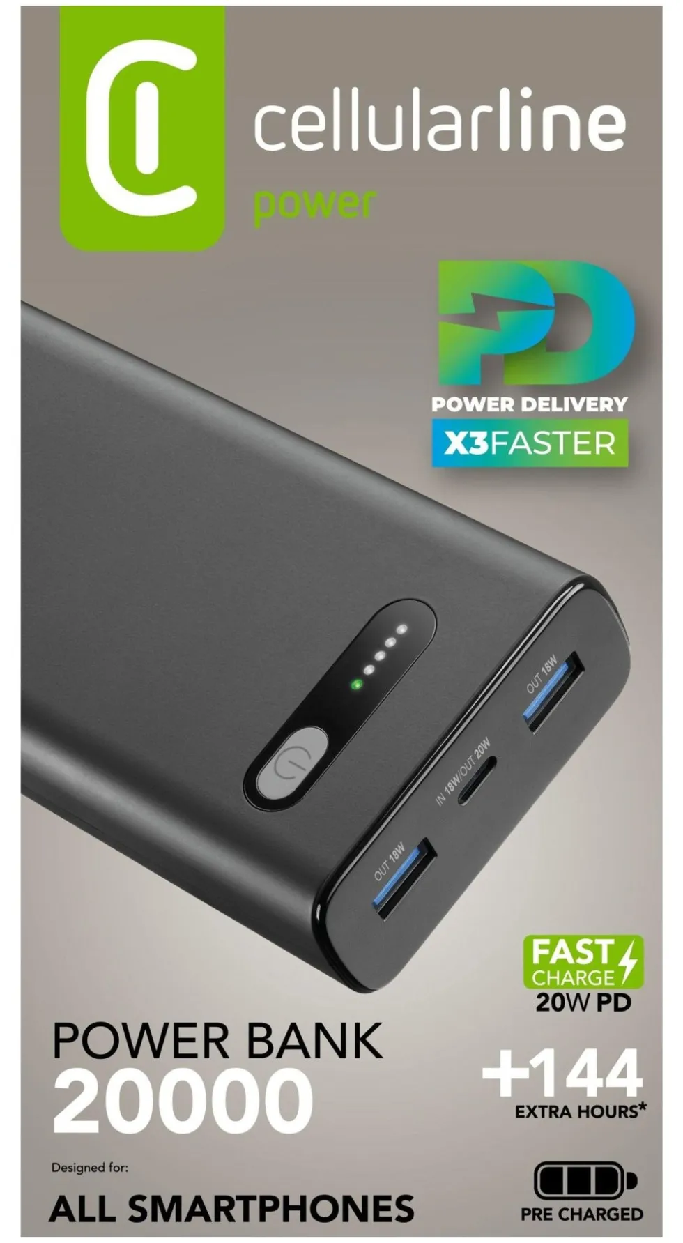 Power bank Cellular Line PBFAST01PD20000K FAST CHARGER Black