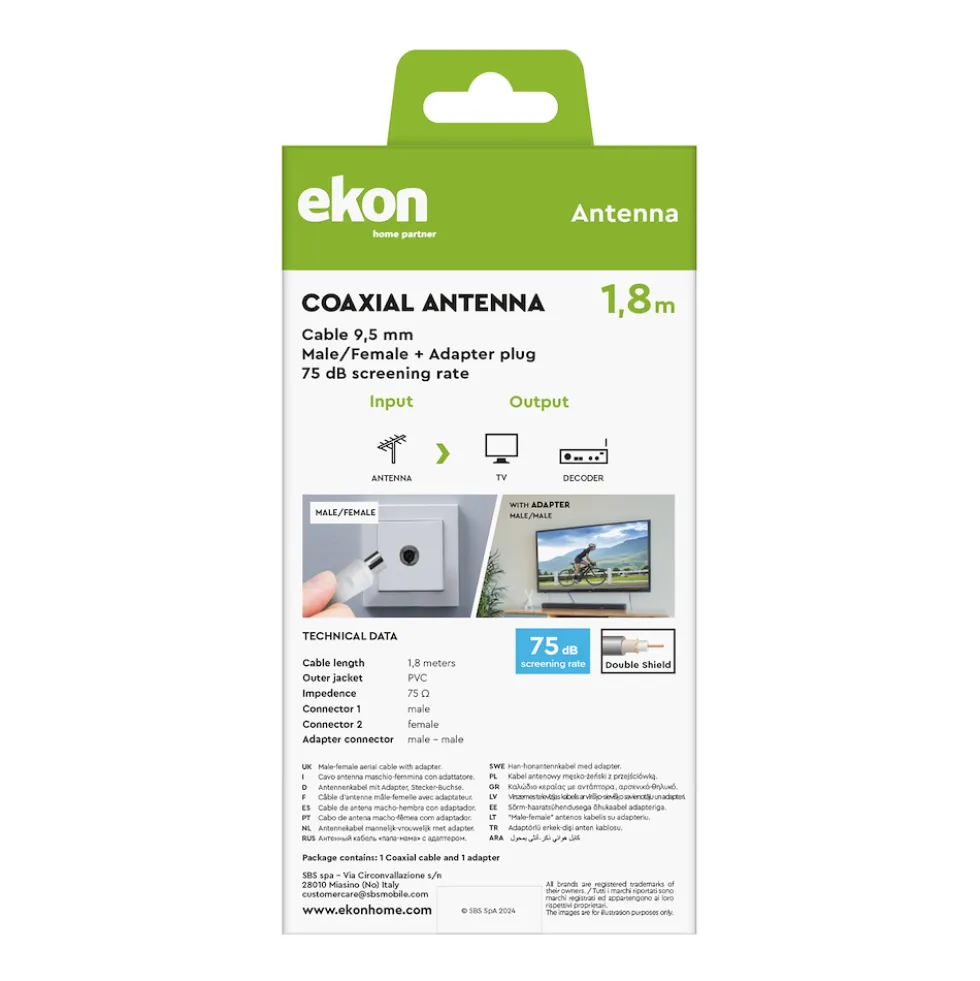 Sbs Cavo Antenna 9,5Mm M-F + Adatt.m/F1,8Mt Bianco