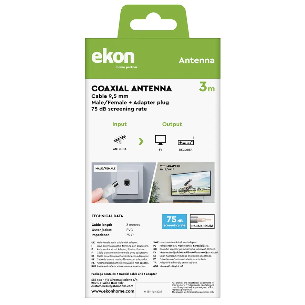 Sbs Cavo Antenna 9,5Mm M-F + Adatt. M/F3Mt Bianco