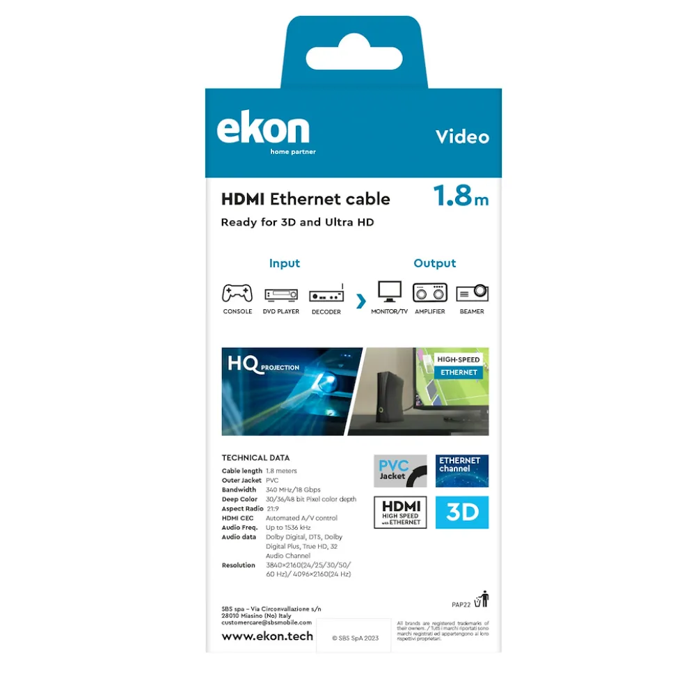 Sbs Cavo Hdmi V.1,4 Alta Velocita 1,8Mt Ethernet