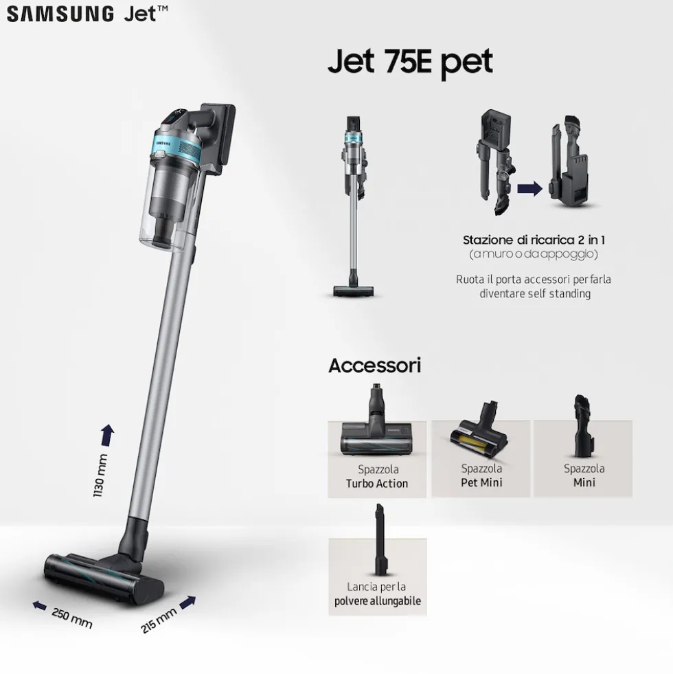 Scopa ricaricabile Samsung Jet 75B PET, 200W, 60 min autonomia