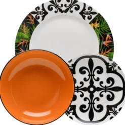 Servizio tavola porcellana 18 pz (6 piatti piani, 6 piatti fondi in stoneware, 6 piatti frutta) Ø 27 cm, Ø 20 cm, Ø 19 cm - Jungla