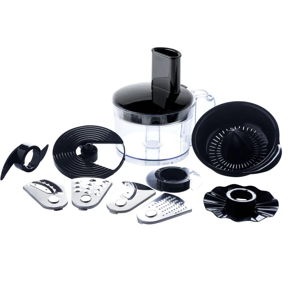 Set 10 accessori per Soup maker: recipiente con manico, set 4 lame per affettare, sminuzzare e grattugiare, sbattiuova, spremiagrumi, lama tritatutto, perno aggiuntivo, accessorio per impastare. - Evviva