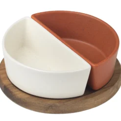 Set 2 ciotole 9 x 18 x h 6 cm con supporto in legno Ø 20 cm - Stones