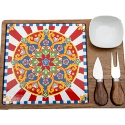 Set formaggio (base in legno con inserto in ceramica, 1 ciotola in ceramica e 2 coltelli in acciaio con manico in legno) 30 x 17 cm - Etna