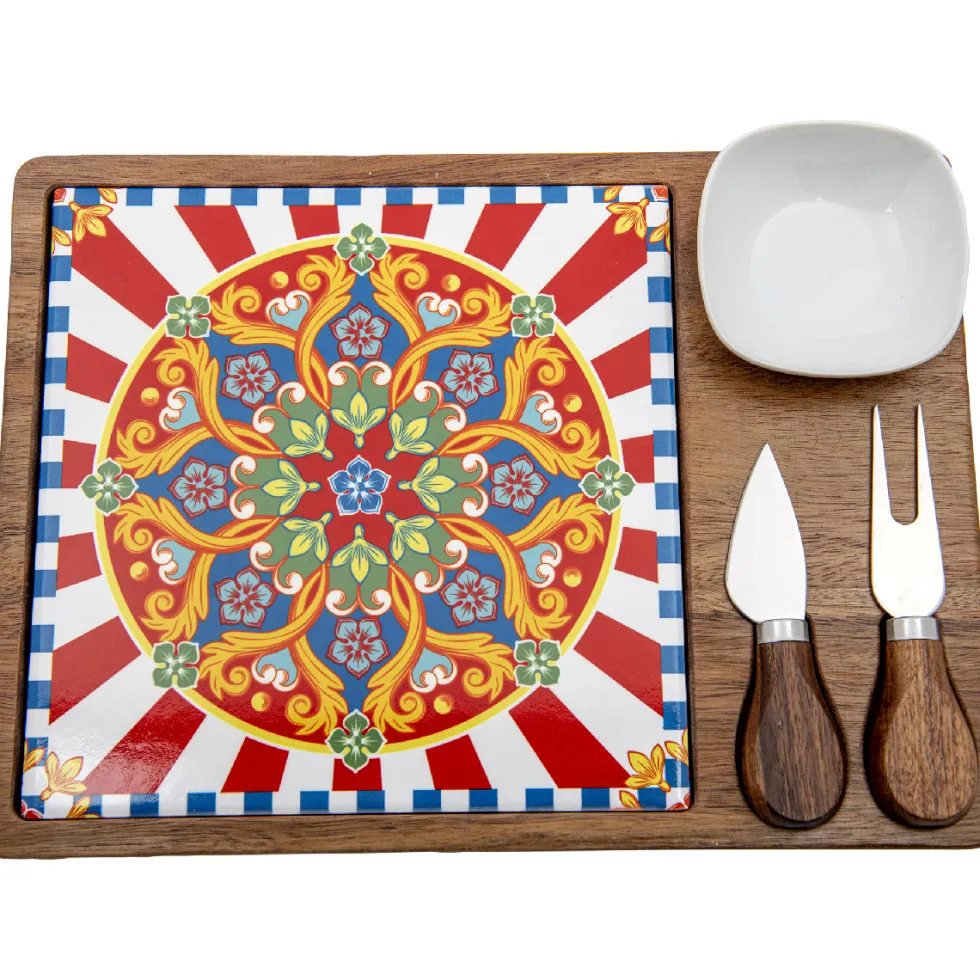 Set formaggio (base in legno con inserto in ceramica, 1 ciotola in ceramica e 2 coltelli in acciaio con manico in legno) 30 x 17 cm - Etna