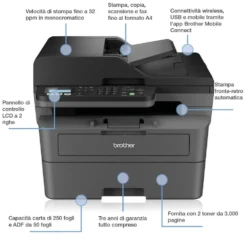 Stampante multifunzione Brother MFC-L2827DWXL laser B/N con toner XL
