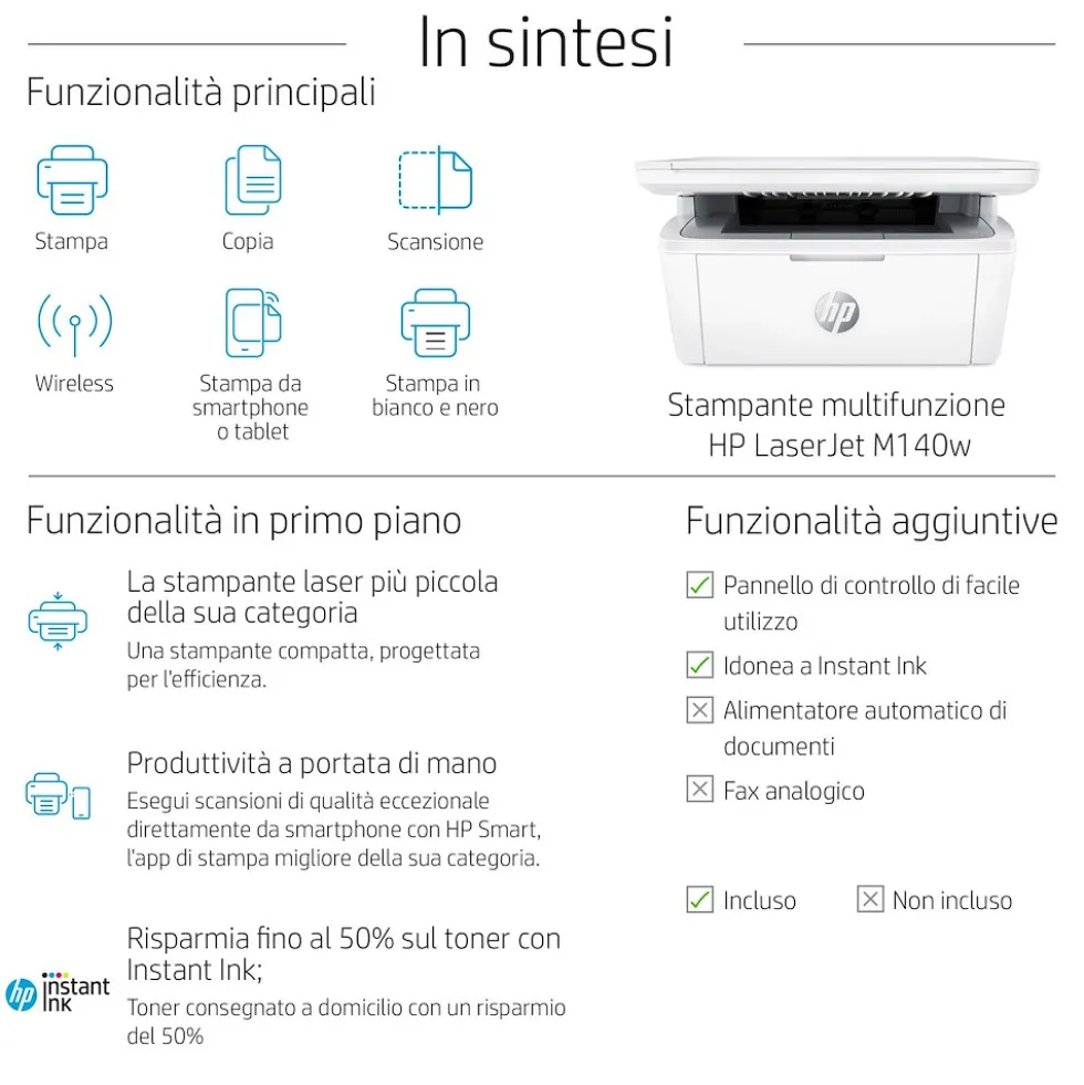 Stampante multifunzione laser HP LaserJet M140w 20 ppm WiFi