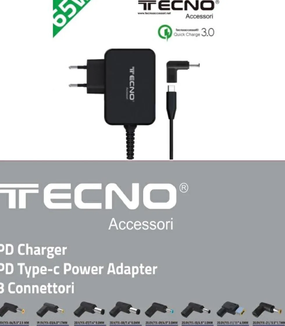 TECNO ALIMENTATORE NOTEBOOK 65WUNIV. TYPE C 8TIPS - NUOVI TIPS