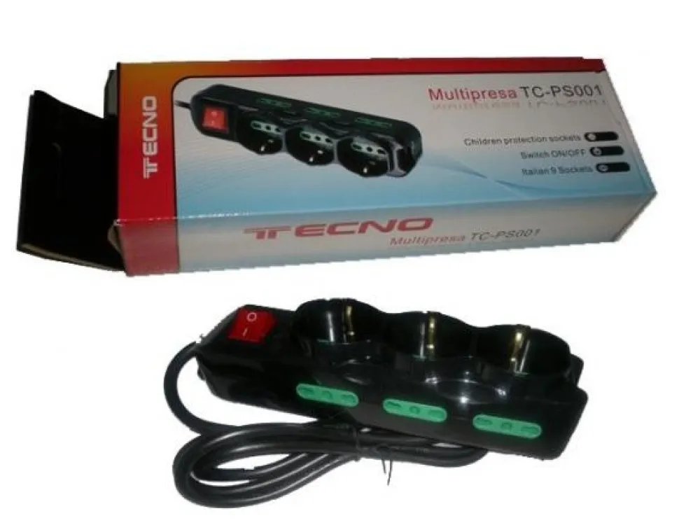 TECNO MULTIPRESA 9 POSTI (3 SCHUKO+6 BIPASSO) CAVO 130CM NERO TC-MP01