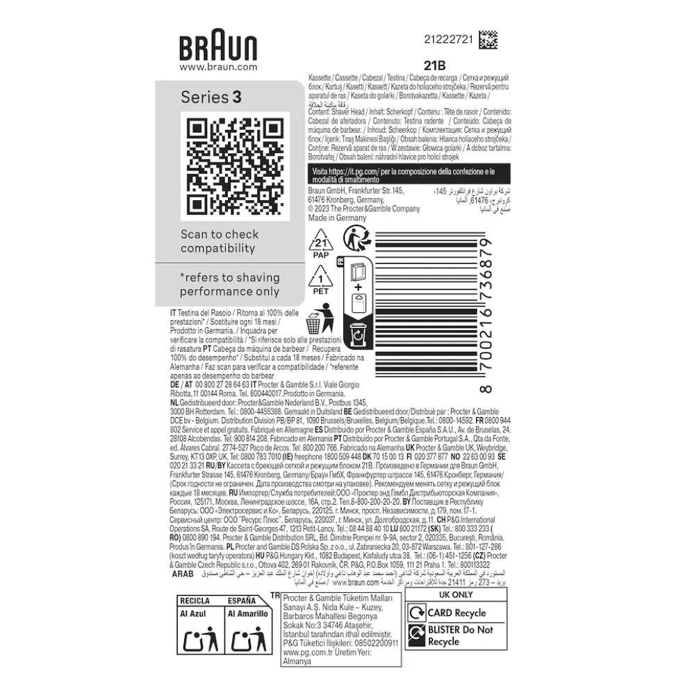 Testina di ricambio Braun Series 3, 21B, originale
