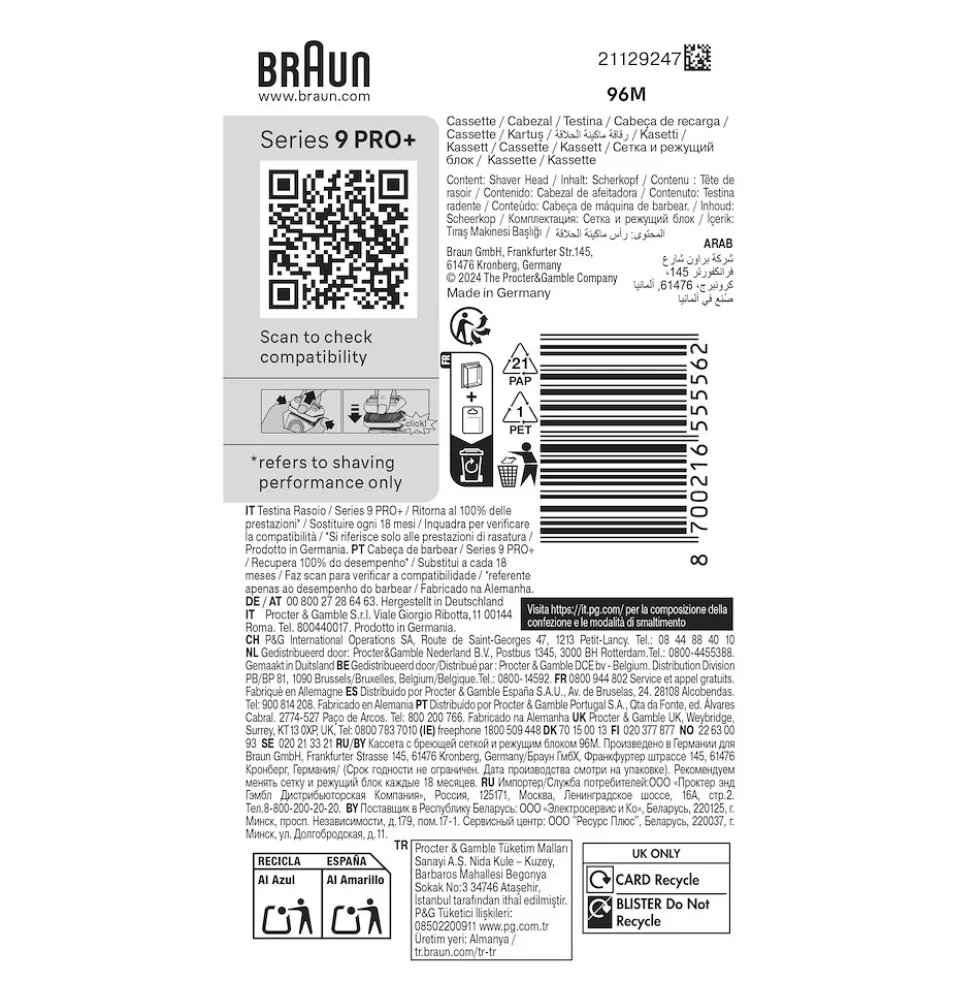 Testina di ricambio Braun Series 9 PRO+ 96M originale