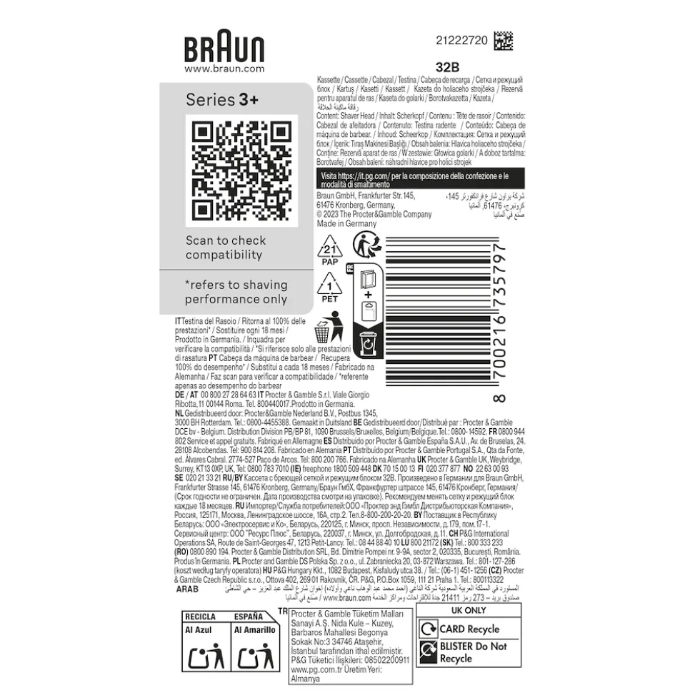 Testina di ricambio Braun Series 3+ 32B per rasoio elettrico uomo